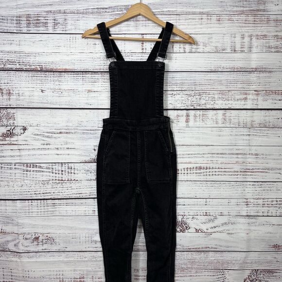 Madewell Black Denim Skinny Overalls Jeans XXS 2XS Side Zip Raw Hem Lunar Wash - Picture 1 of 16